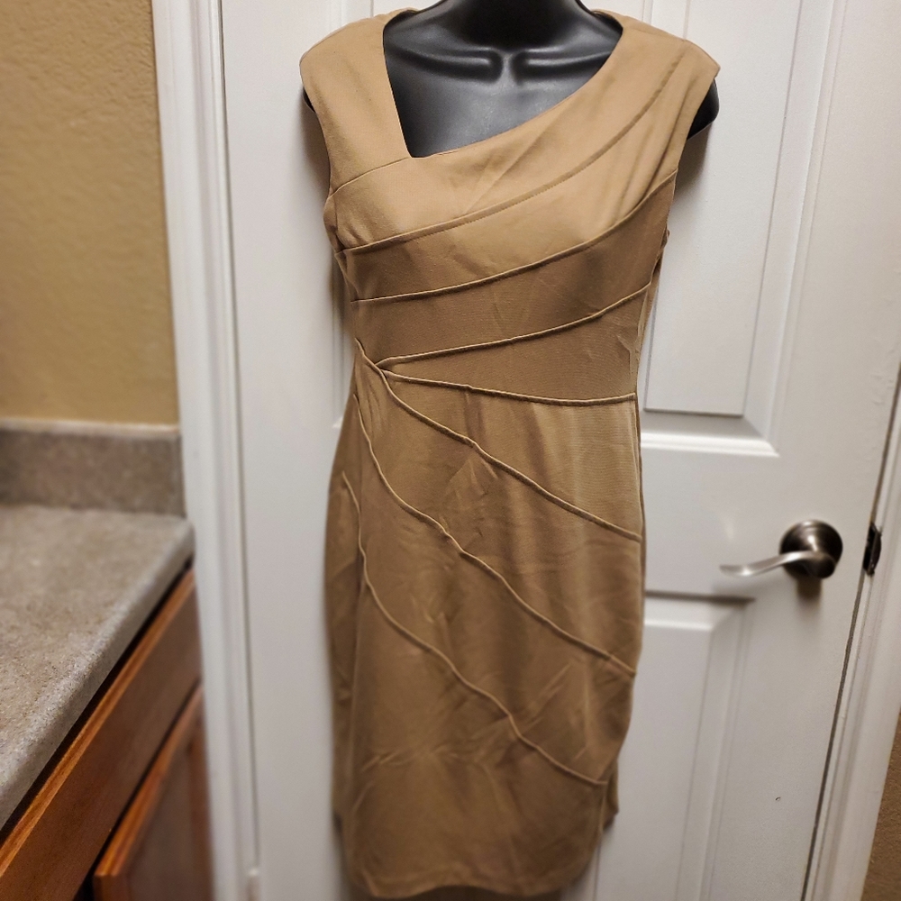 london times sleeveless, asymmetric neckline with hemmed front panel shift dress